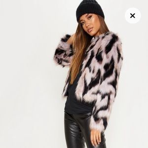 Pretty Little Thing pink and black cropped faux fur jacket